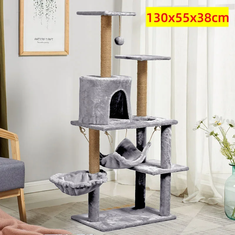 Multi-layer Cat Tree House With Swing Hammock Cat Climbing Tower Sisal Rope Cover Plush Cloth Cat Condos