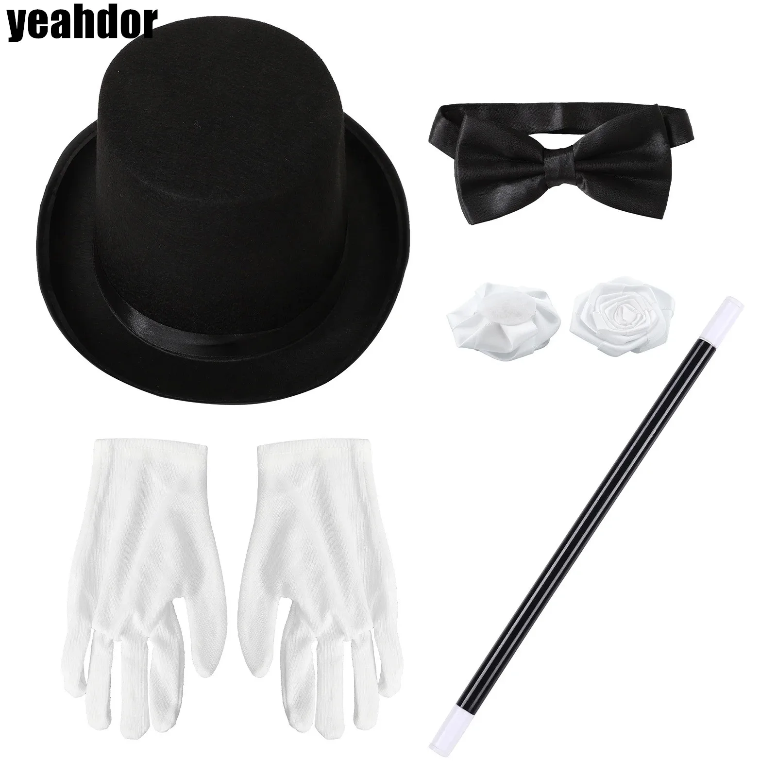 

Halloween Magician Costume Accessories Bowler Hat Gloves Satin Bow Tie Ribbon Roses And Magic Wand Props for Masquerade Party