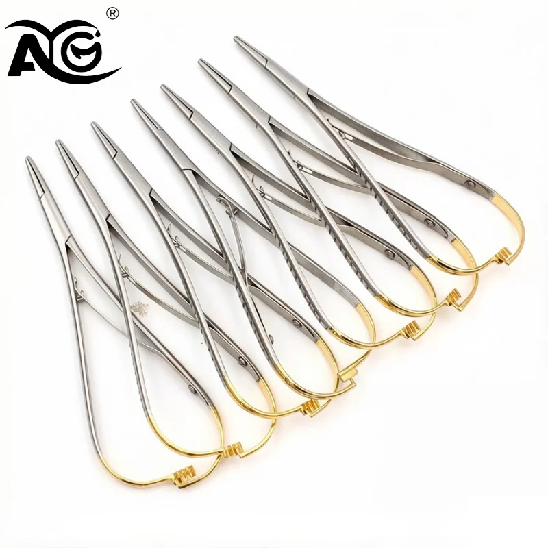 AG Dentistry Straight Head Needle Holder Forceps Curved Gold Plated Handle Stainless Steel Orthodontic Plier Surgical Instrument