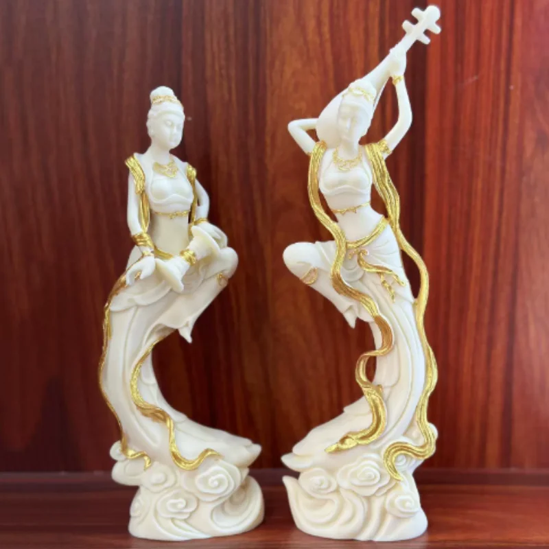 2PCS Ivory Nut Carved Dunhuang Flying Girl Characters Statue - Chinese Classical Flying Fairy Ornament, Home Decor Craft