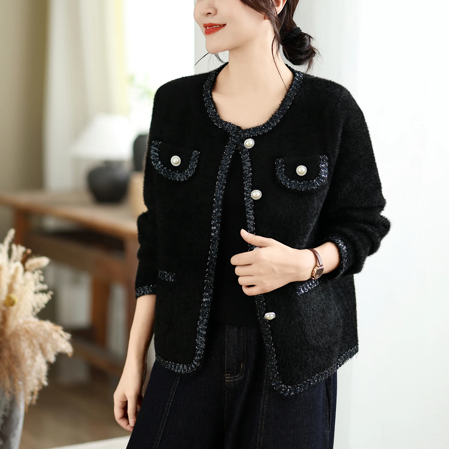 Short Knitted Soft Cozy Women's Outerwear Spring Autumn Winter New Design Versatile Fake  Fur Jacket Luxury Home Wear
