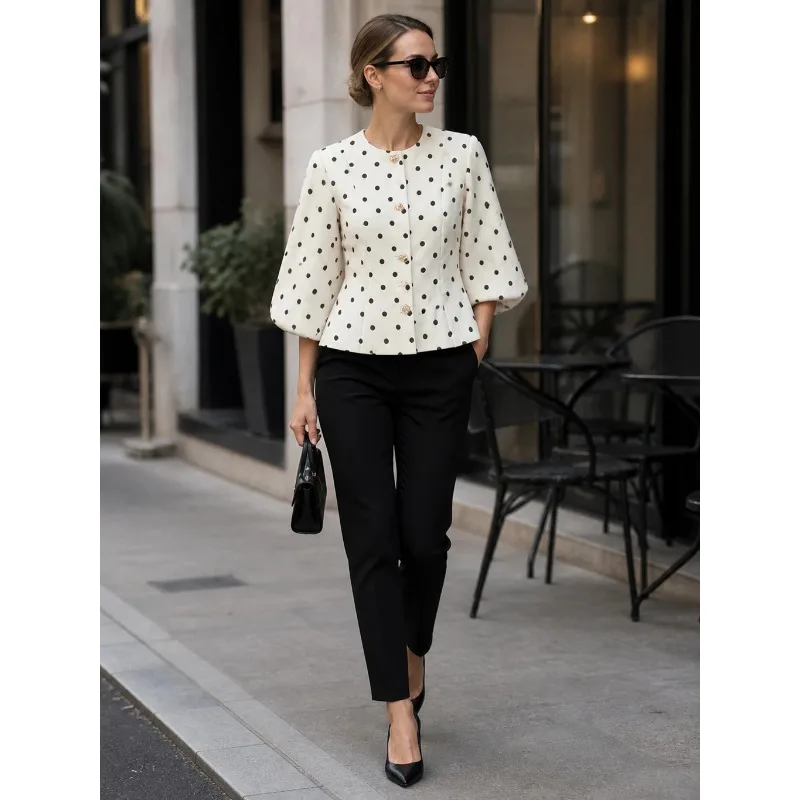 ZHIO Women Fashion Dot Printed Single Breasted Blazer Vintage O-Neck Long Sleeves Female Chic Lady Coats Outfits