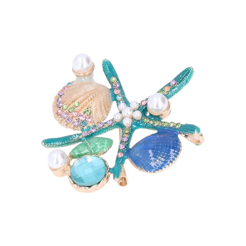 2pcs Alloy Material Starfish Brooch 4 Different Colors Clothing Pin Design Shell Pearl Brooch Enamel Brooch Clothing Accessory