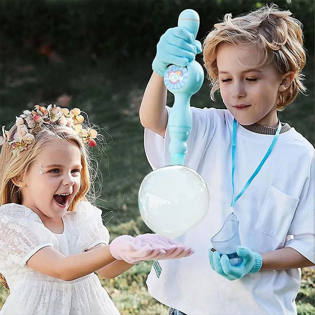 Magic Bubble Machine Portable Interactive Bubble Blower Colorful Elastic Bubble Mist Wand for Outdoor Family Party Blue