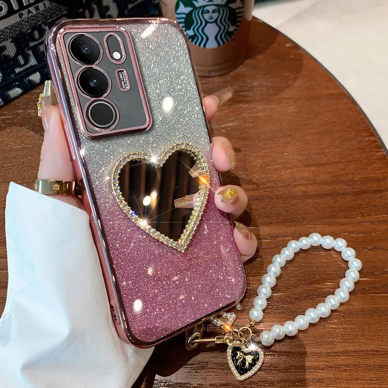 V 29 Cover Luxury Pearl Bracelet Case For Vivo V29 V30 Lite V27 pro V40 se Y72 Y78 Y51 Y31 Diamond Love Mirror Case with Lanyard