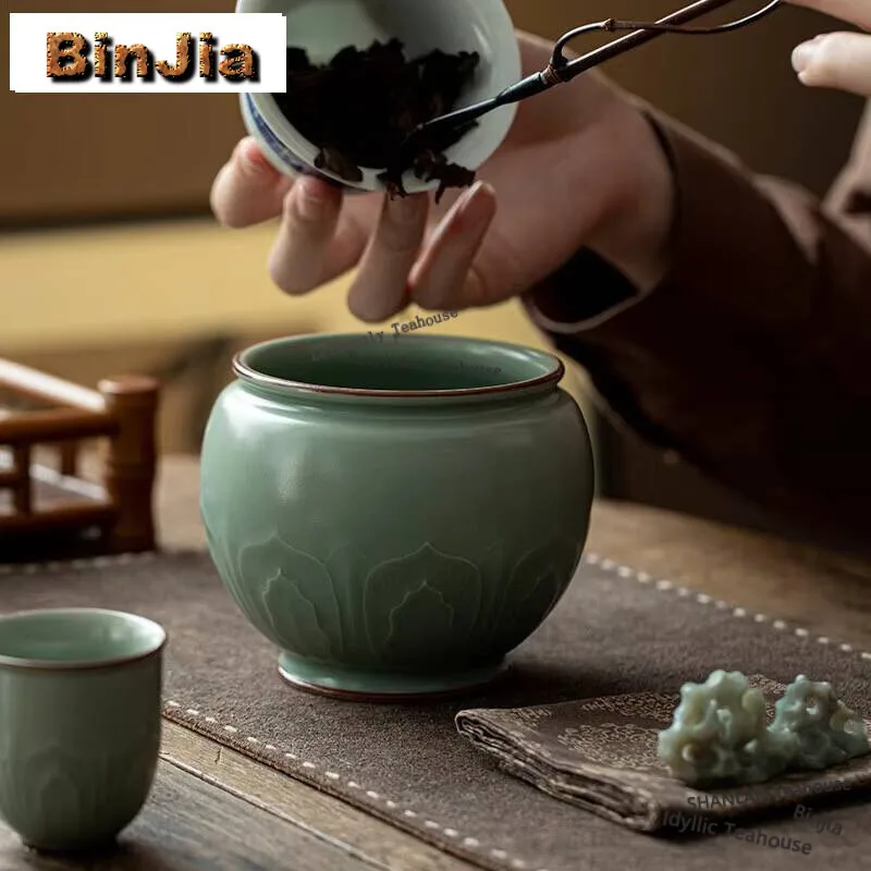 

450ml Handamde Carving Lotus Celadon Jianshui Creative Tea Wash Bowl Writing-brush Washer Chaxi Tea Items Supplies Decoration