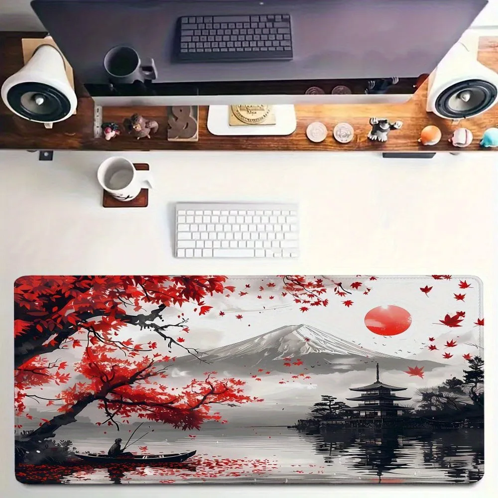 CIFBUY Large Mouse Pad Rubber Non Slip Gaming Desk Mat Japanese Landscape Mount Fuji Red Maple Leaf Pagoda Pattern Art Office