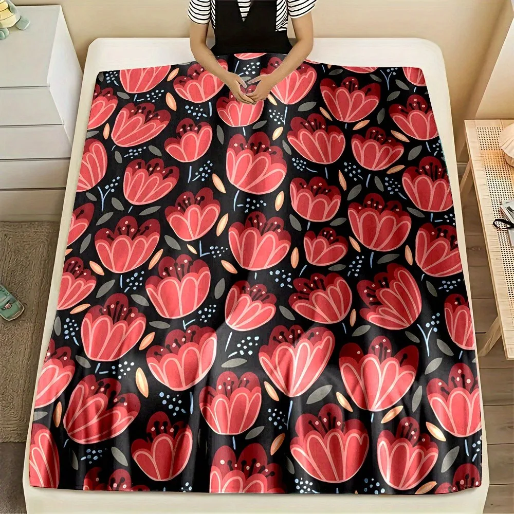 

Мягкое одеяло с красным цветочным узором на черном фоне, современный дизайн, покрывало для кровати