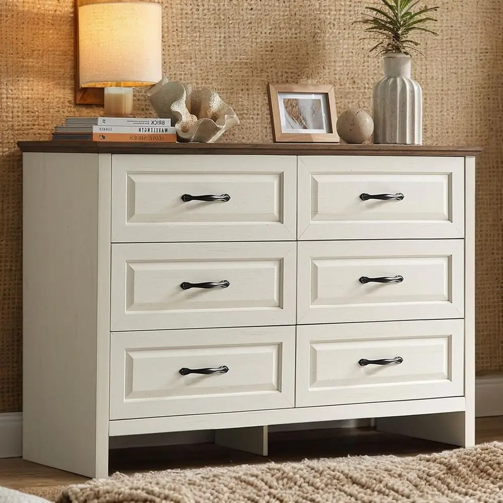 47 Wide Wooden Chest with Bar Handles for Bedroom, Living Room, and Hallway Storage in Brown & White