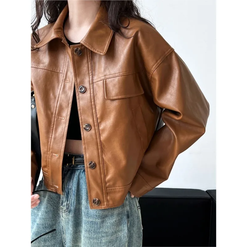 

Johnature Fashion PU Leather Jacket Women Autumn Lapel Motorcycle Short Jacket Jacket 2025 New Casual Versatile Jackets