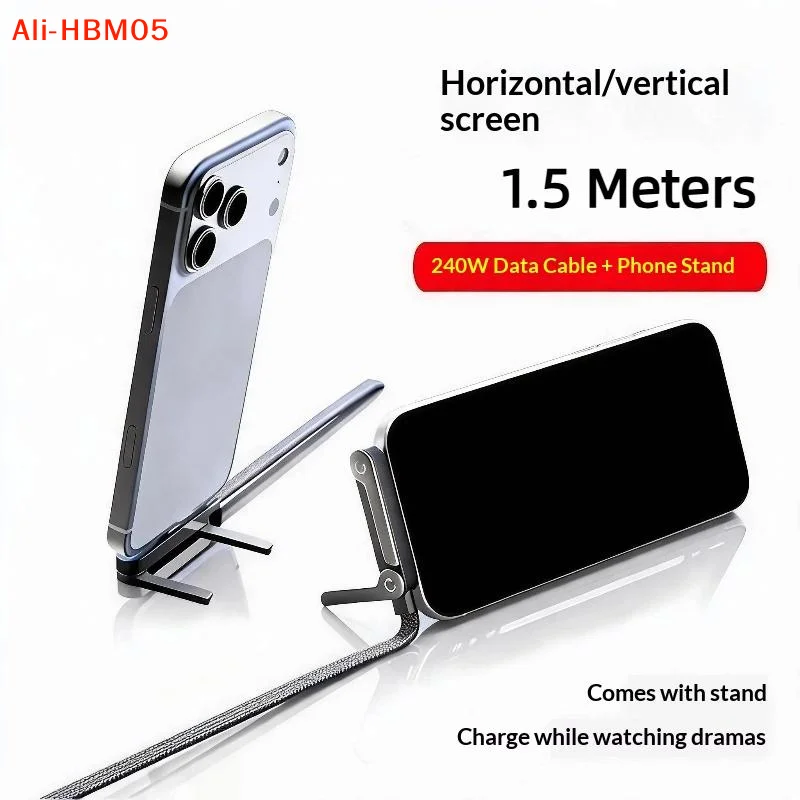 (HB05)240W USB C Fast Charging Data Cable Built In Phone Stand Durable Braided Nylon For Mobile Gaming Daily Office Use