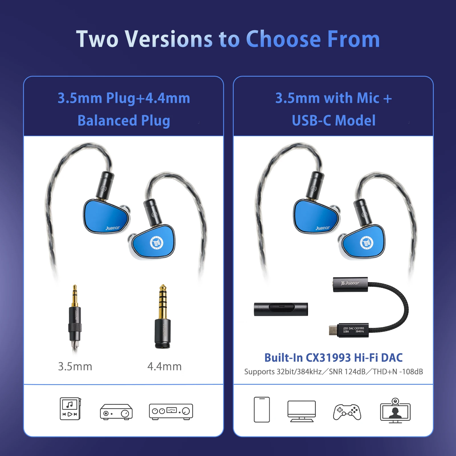 JUZEAR Nimbus HiFi IEM Dynamiczne Słuchawki Douszne z 3 Końcówkami Dostosowującymi Dźwięk, Złącza 3.5+4.4mm/ 3.5mm+Type-C, Mikrofon, Słuchawki Gamingowe, Słuchawki Muzyczne — zdjęcie produktu 5