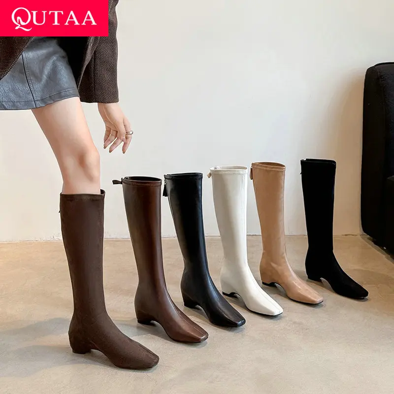 

QUTAA News Fashion Winter Women Knee High Boots Square Toe Woman Shoes Wedge Heels Microfiber Motorcycle Long Boots Black 34-40
