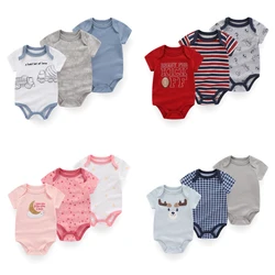 Fetchmous-Conjunto de ropa de algodón para bebé, mono de manga corta con dibujos animados, Unisex, 3 piezas, 0 a 12 meses