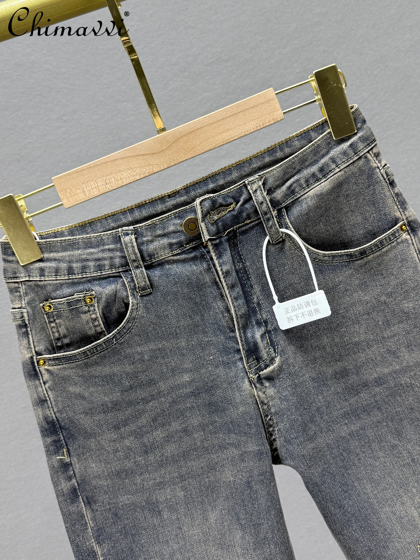 Fashion Straight Eight-point Jeans Womens 2025 Summer New Elastic High Waist Slim-fit Retro Hollow Hot Diamond High Street Pants