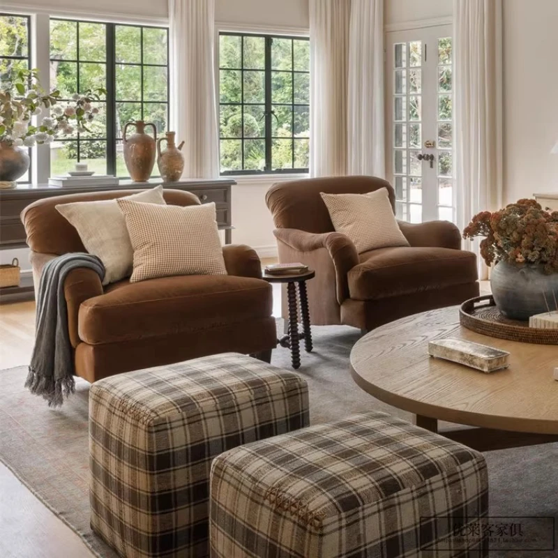 

American country fabric single sofa chair French medieval brown velvet retro hotel high back leisure lounge chair