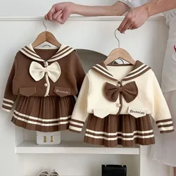 2025 Autumn Winter Girls Sweater Clothing Set Stripe Single Breasted Knitted Coat+Skirt 2Pcs Suit For 2-6Y Girls Fashion Outfit