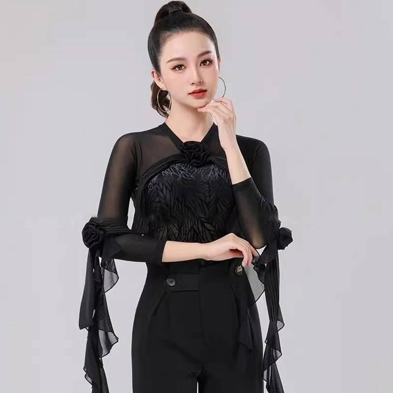 2025 New Modern Dance Clothes Women's Latin Tops Competition Ballroom Dance Wear Leotard  Balck Elegant Waltz Blouse Bodysuit