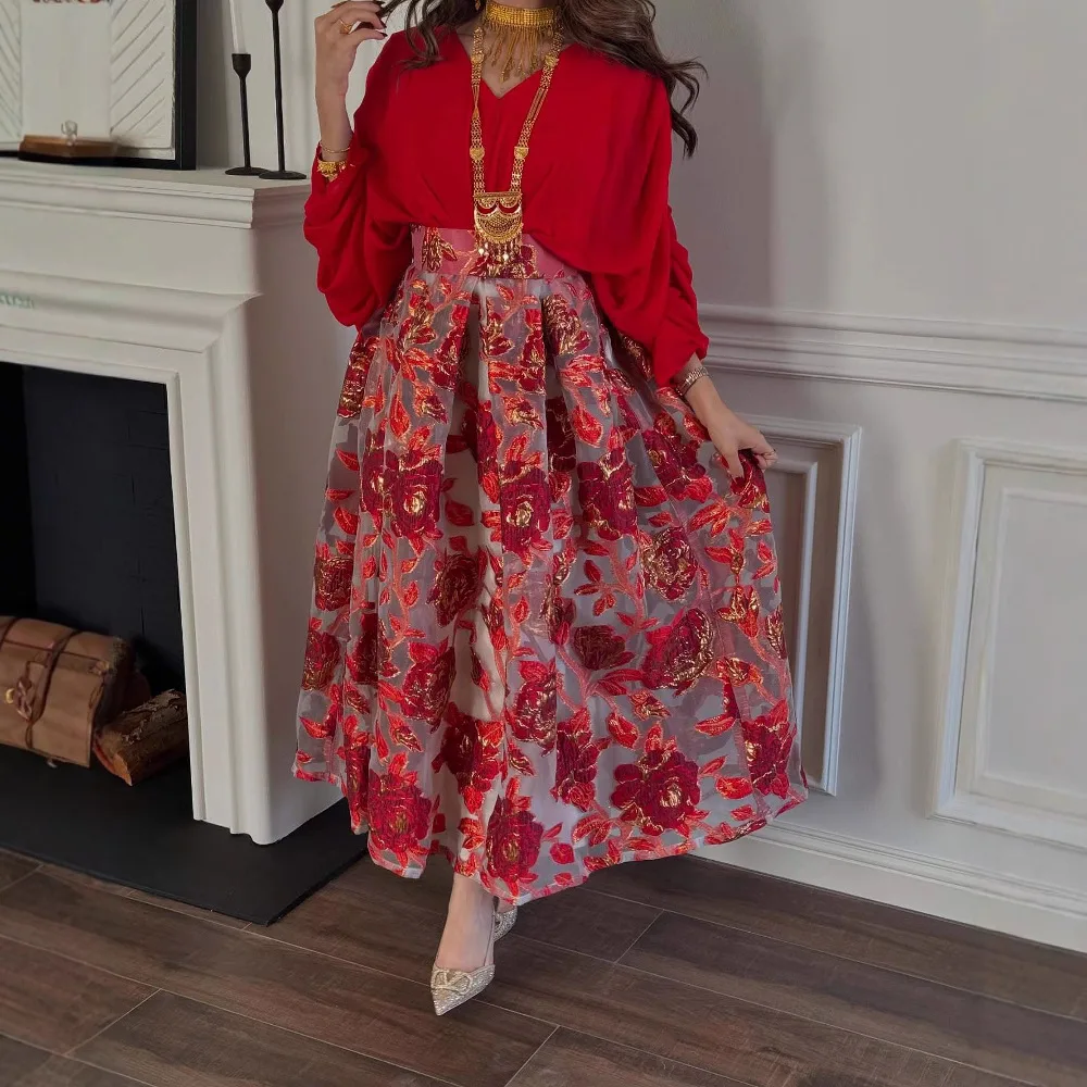 

Весенне-летняя новая женская одежда, жаккардовое вечернее платье с цветочной вышивкой на Ближнем Востоке, сексуальное, темпераментное, элегантное, высокое