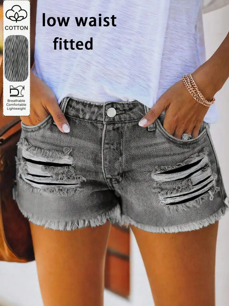 Washed Frayed Distressed Low Waist Denim Shorts Women Casual Summer