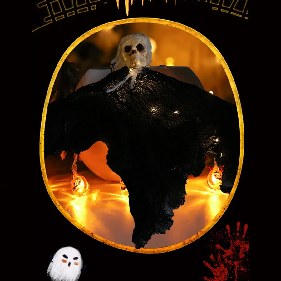 Lampu Led dekorasi Halloween, lampu lentera dekoratif Halloween lampu depan tengkorak iblis, lampu Led Jack-O-lentera dekorasi Halloween, senar lampu