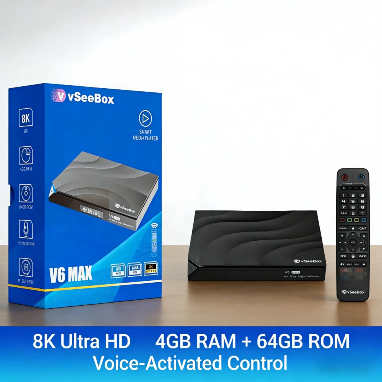 Vseebox V6 MAX Version Voice Control, 8K HDR10 Android Streaming Box 14.0, 4GB RAM +64GB ROM Streaming Devices with HDMI Cable