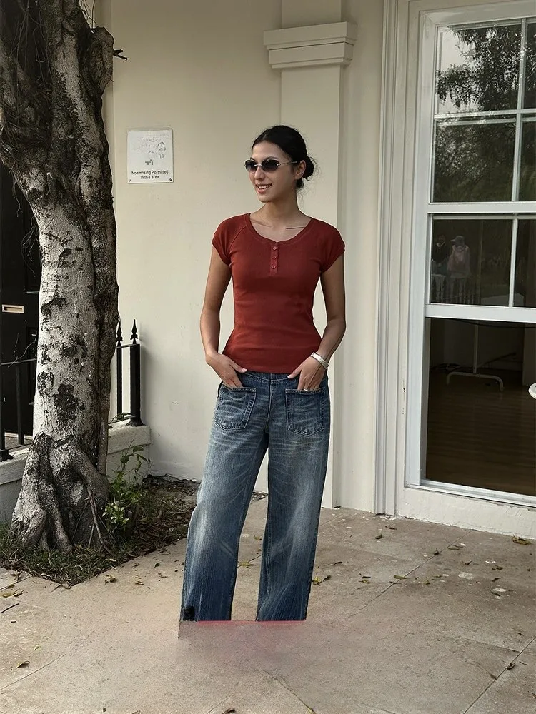 Jeans de Mezclilla Azul de Cintura Alta y Corte Holgado para Mujer, Estilo Informal de Pierna Recta, Novedad de Verano, Marca GO GO BURN