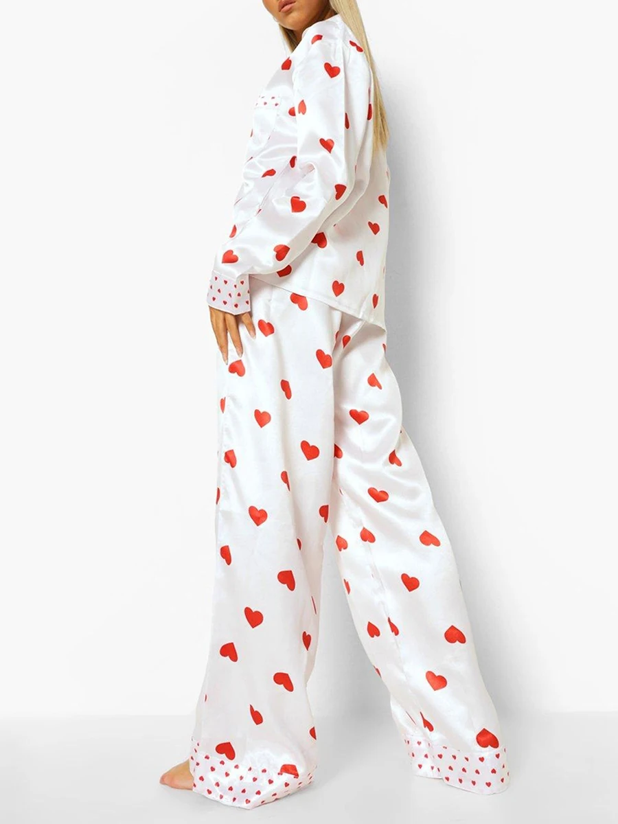 Women s Valentine s Day Lounge Set Long Sleeve Button Up Heart Print Tops Pants Sleepwear