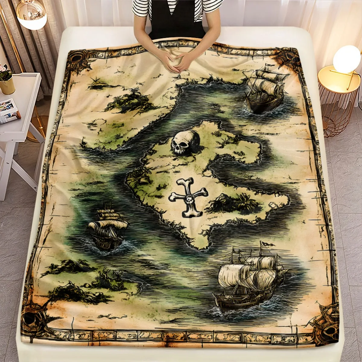 Pirate Treasure Map With Skull And Crossbones Ships Vintage Style Fleece Blanket Adventure Theme Decor Soft Flannel ThrowForBoys