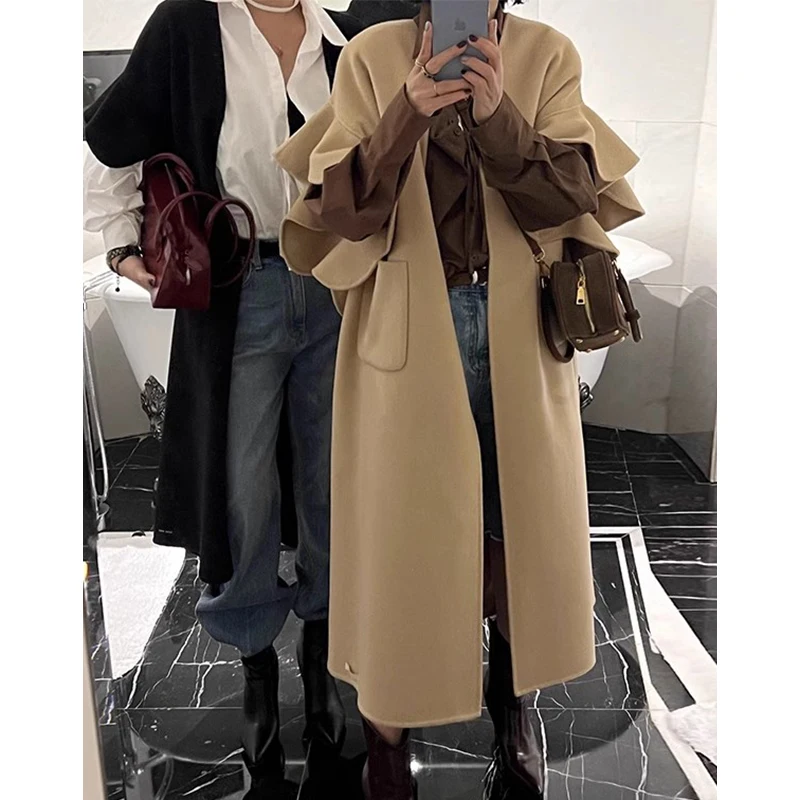 SuperAen Autumn and Winter French Style Women Fashion Flounced Edge Three Quarter Sleeve Design Woolen Long Coats