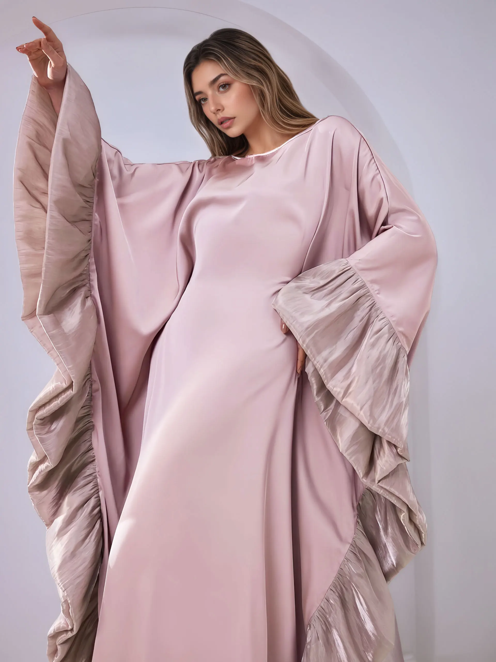 Dubai Muslim Womens Light Pink Abaya with Ruffled Sleeve Robe Ideal for Islamic Modest Fashion Prayers Weddings Religious Events