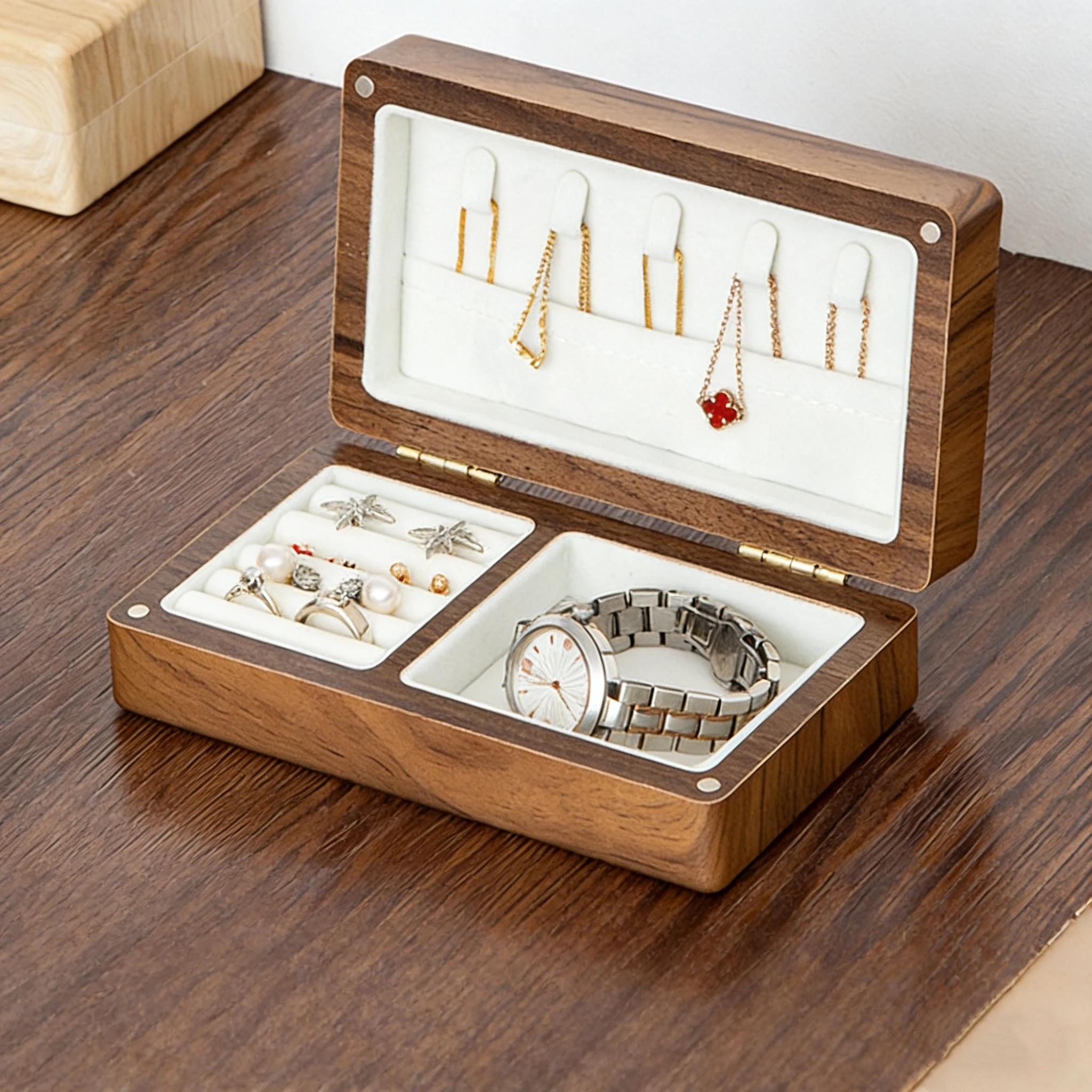 

Walnut Wooden Jewelry Box Organizer with Velvet Lining, Valentine's Day Gift for Women, Storage for Necklaces, Rings, Earrings