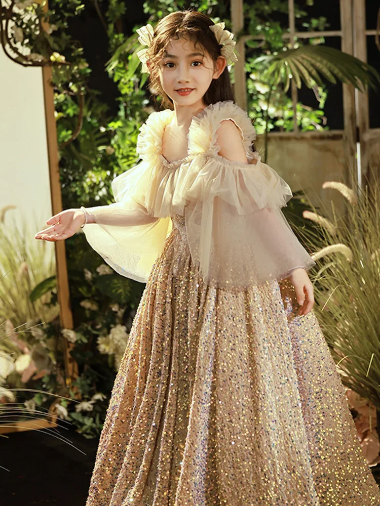 

Exquisite Champagne Sequins Flower Girl Dresses For Weddings 3-12Years Children Performance Princess Dress