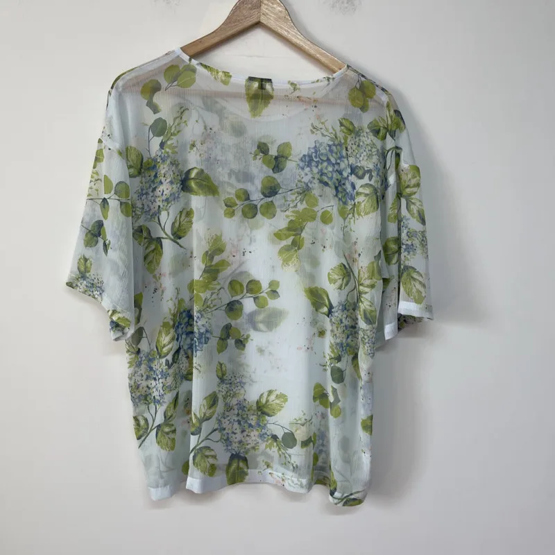 HKSH Summer New Men's Tide Dark Punk Fresh Light Blue-Green Printed Chiffon Flowy Cool Design Loose Short-Sleeve T-shirt HK22740