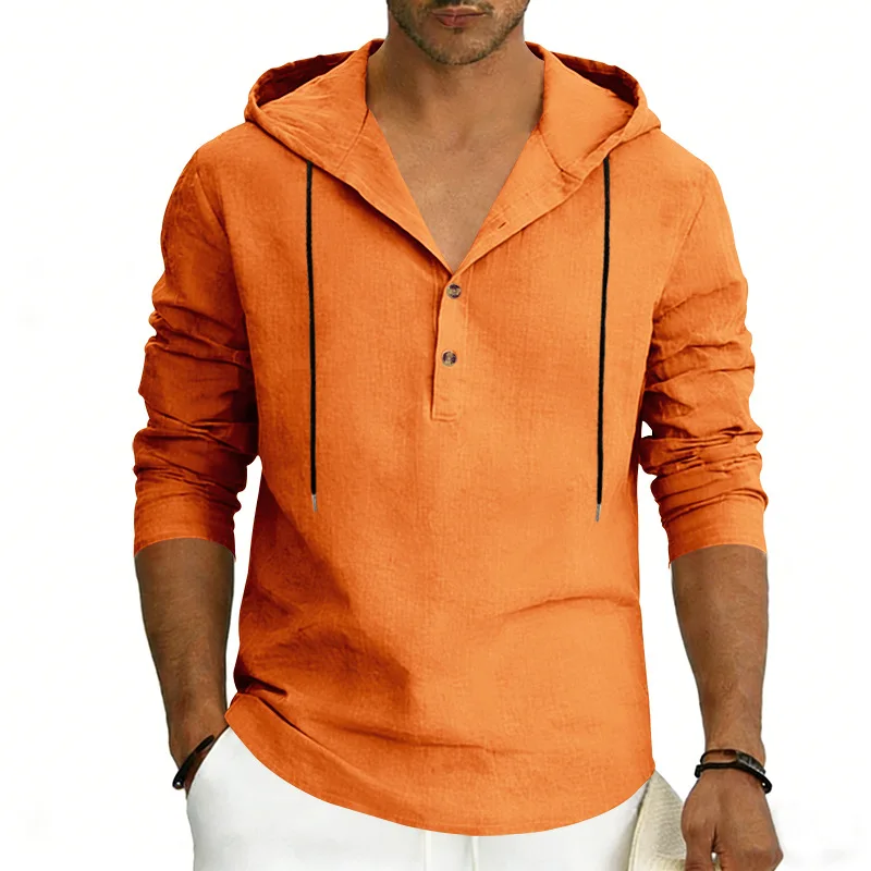 

Men's Casual Linen Hoodie Long Sleeve Semi-Cardigan Henley Shirt Spring and Autumn Breathable Beach Top