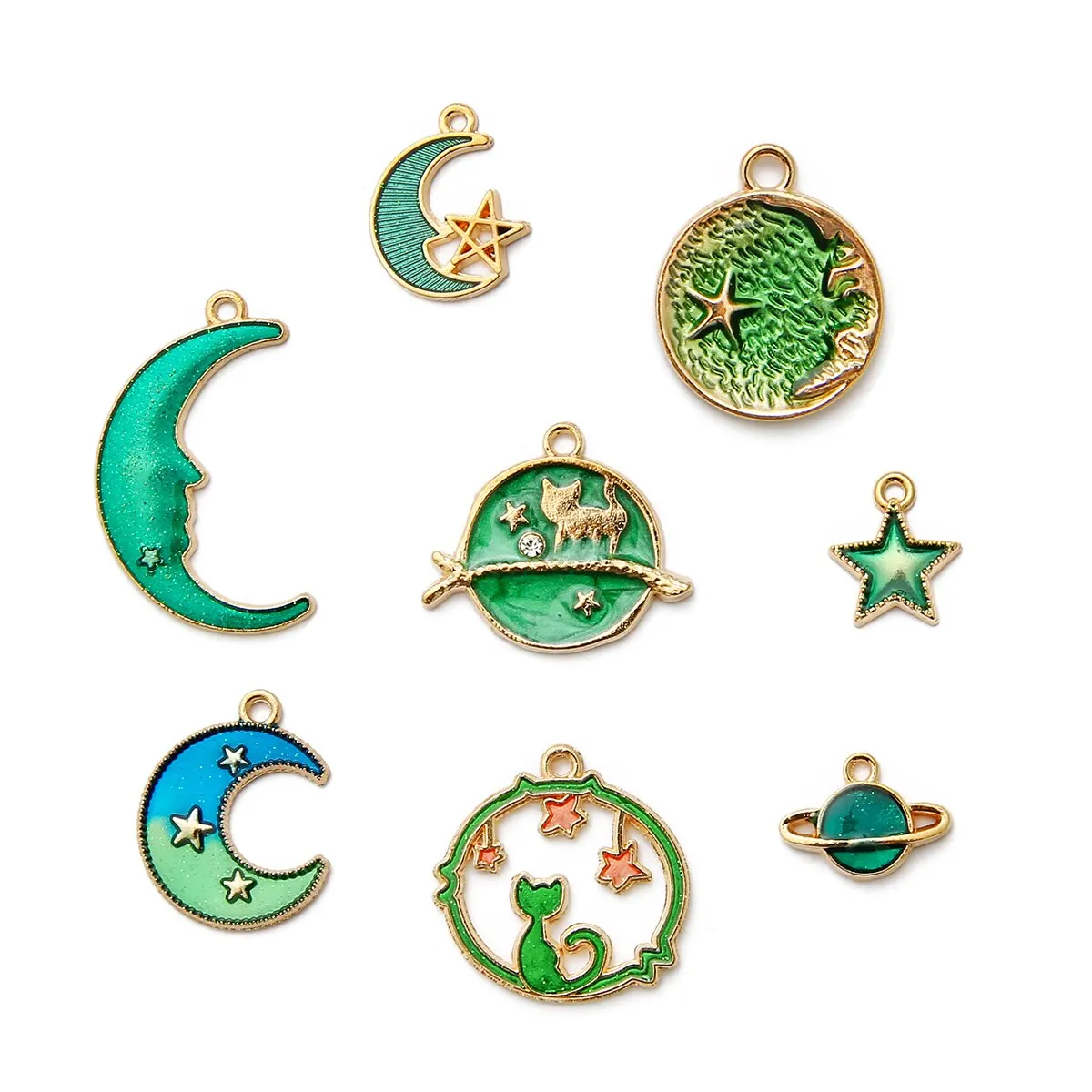 24pcs Assorted Gold- Color Plated Enamel Cat Moon Star Celestial Charm Pendant DIY For Earrings Necklace Bracelet Jewelry Making