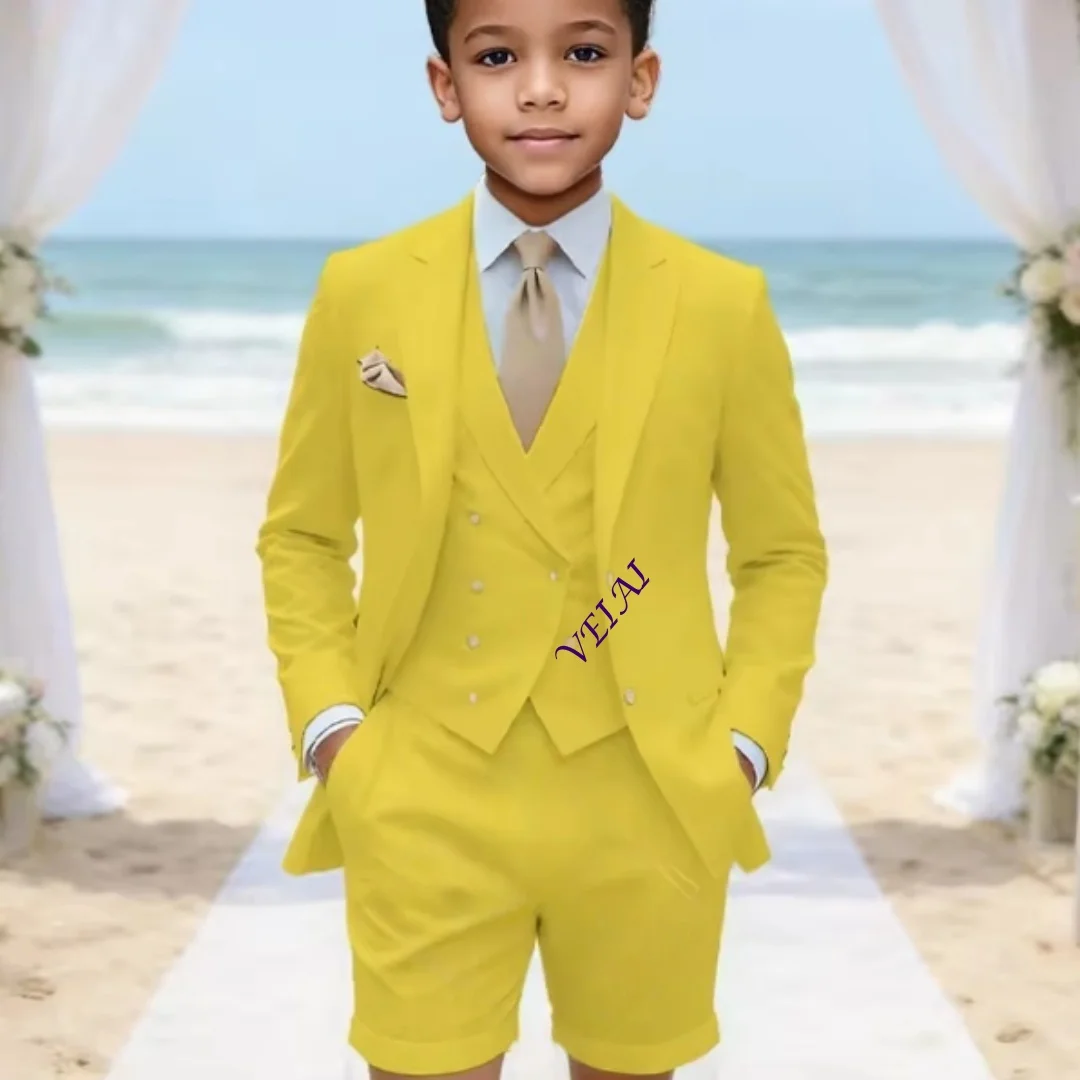Boys' Custom Classic 3-Piece Linen Suit, Versatile Blazer, Waistcoat & Shorts for Weddings, Travel & All Summer Events