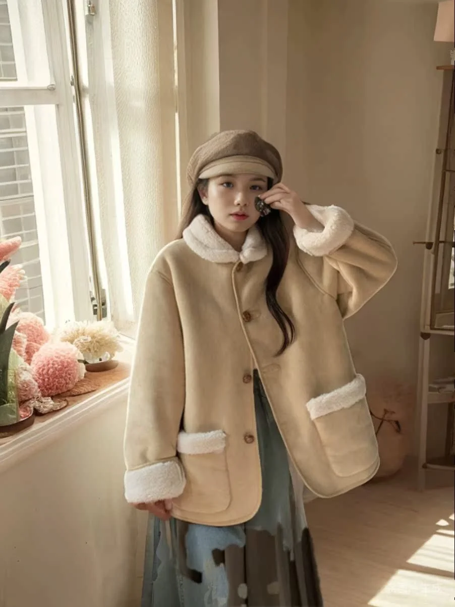 

Теплая свободная куртка из искусственного меха под овчину, осенне-зимняя, в корейском стиле, с цветовыми блоками, для повседневной носки, однотонная, с длинными рукавами