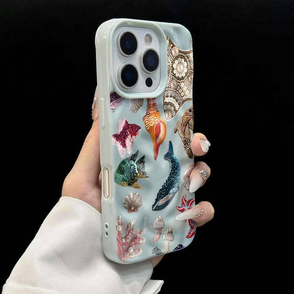 Luxuriöse Retro-Meerestier-Handyhülle für iPhone 17 16 15 14 13 12 11 Pro Max 14 Plus 17 Air Falten-Wellen-Soft-Silikon-Cover – Detail 10