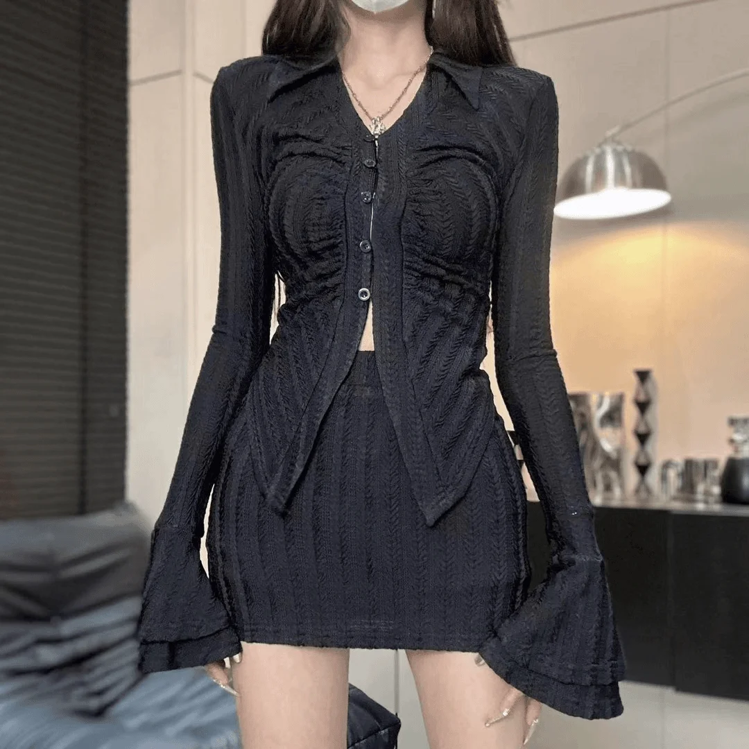 Shirt Top Cinched Waist Flared Sleeves High Waist Slim Skirt Howsweet Girl Design Sexy Elegant Womens Two Peice Sets