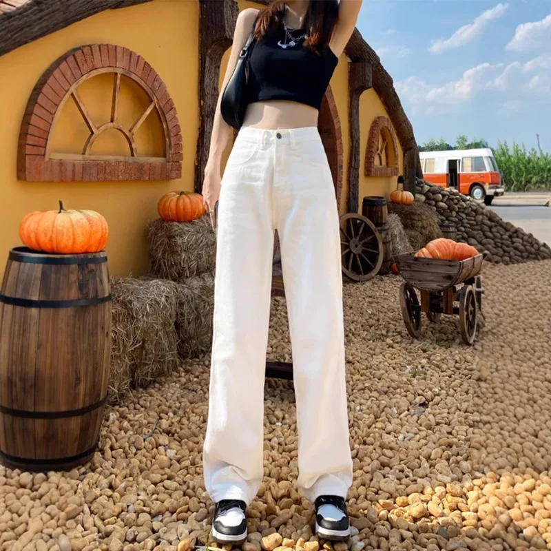 

New Women's Clothing White Jeans Spring Autumn High Waist Narrow Denim Wide Leg Pants Female Casual Straight Floor Mopping Pants