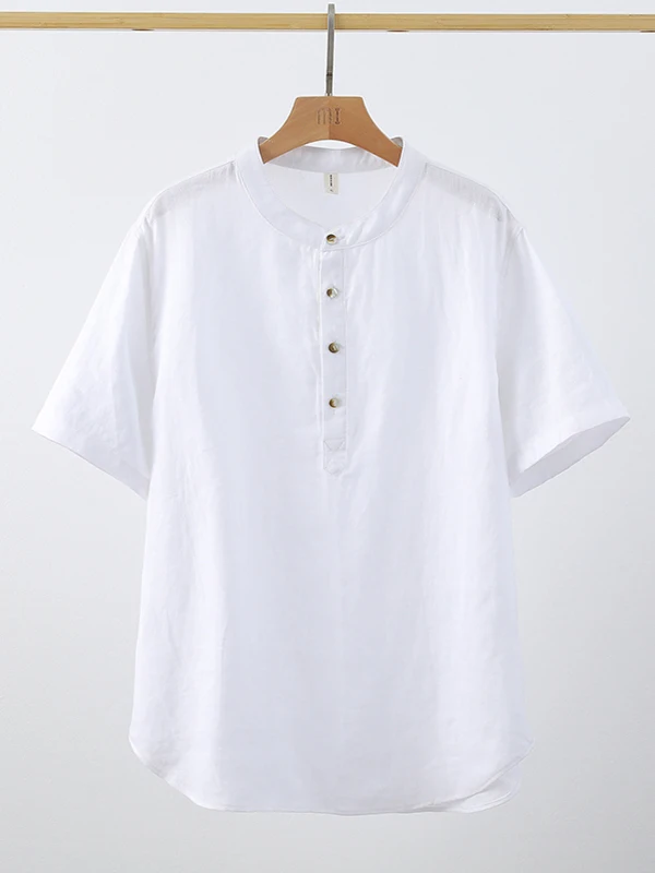 

Мужская летняя повседневная рубашка свободного кроя с коротким рукавом, воротником-стойкой, из смесового хлопка и льна, модная, в городском стиле, современная, ветрозащитная