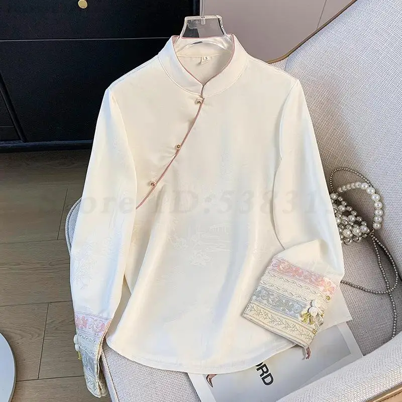 Embroidered Long Sleeved Blouse New Chinese Style Improved Stand Up Collar Tang Clothes Top Female Retro Jacquard Hanfu Shirts