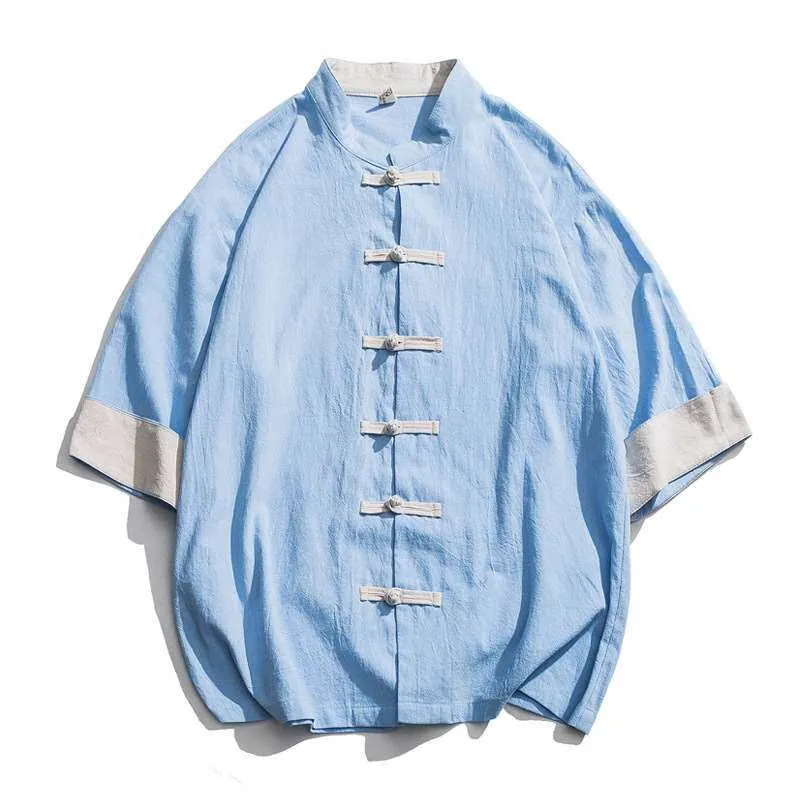 summer-stand-collar-buckle-cotton-linen-short-sve-shirt-men's-casual-ethnic-clothing-chinese-brandless-product