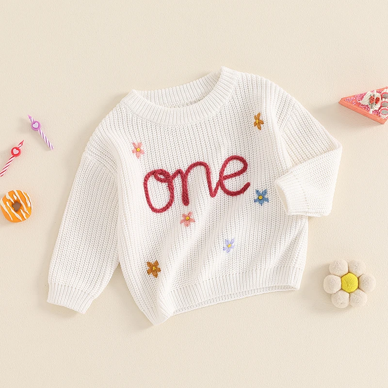 

Suefunskry Baby Boy Girl Sweater, Long Sleeve Crew Neck Flower Letter Embroidery Autumn Winter Knitted Pullover Birthday Tops