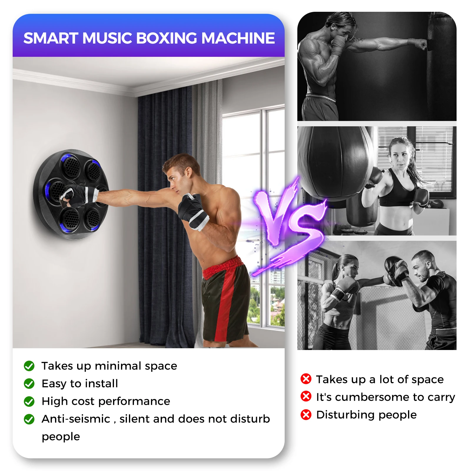 Imagem -04 - Smart Boxing Training Equipamento de Perfuração Máquina de Boxe de Música Bluetooth Montado na Parede com Luva Treinamento de Agilidade de Foco