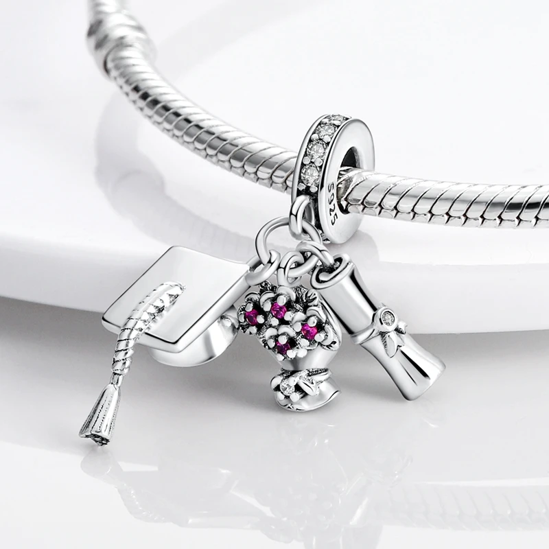 Graduation Season Flowers Degree Certificate Doctoral Cap Pendant Charm Beads Fits 3mm Bracelets Necklace Women Luxury Jewelry