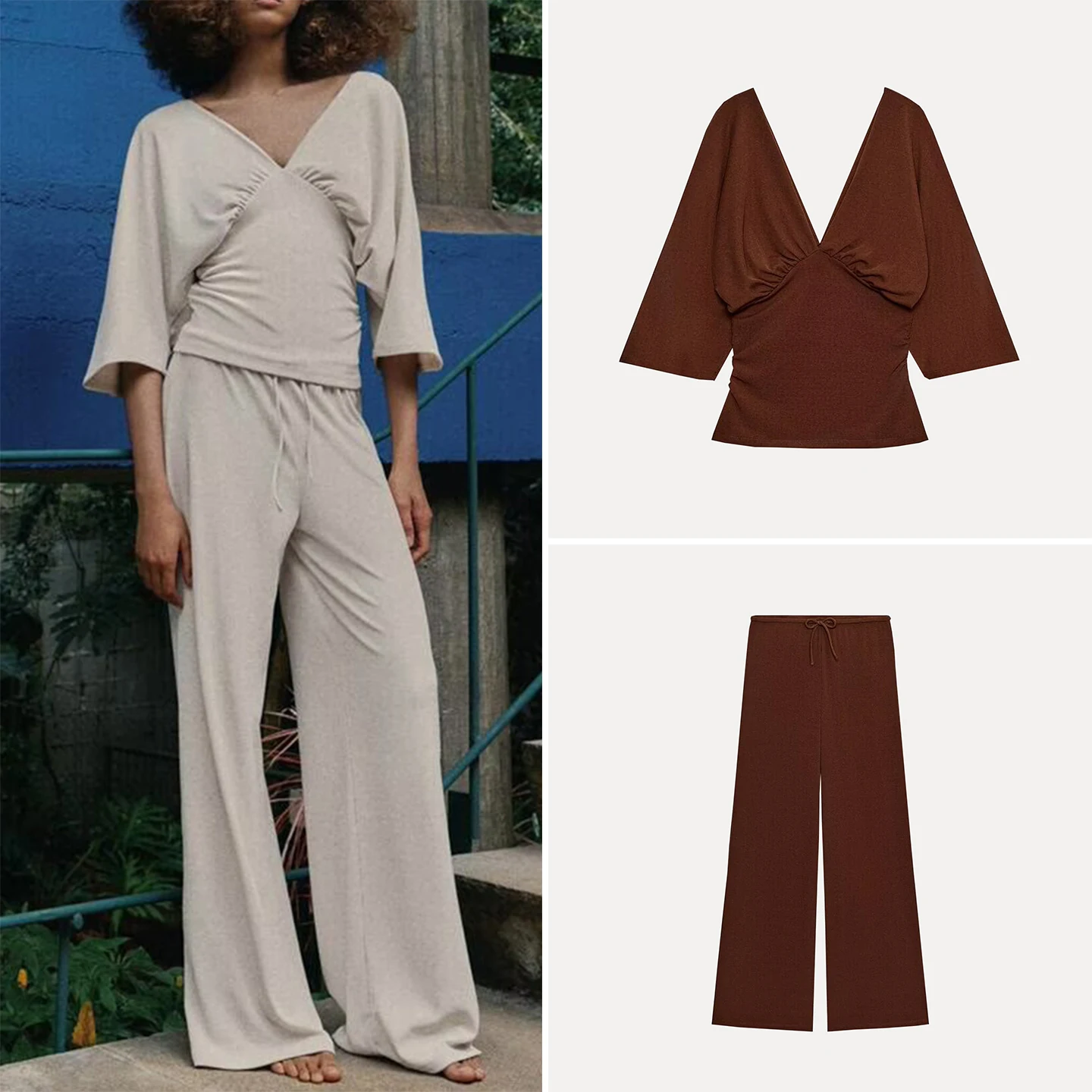 Women's Fashion V-neck Sleeveless Top with Belt Wide Leg Pants Set Quality Layered Decoration Elbow-length Sleeve T-shirt