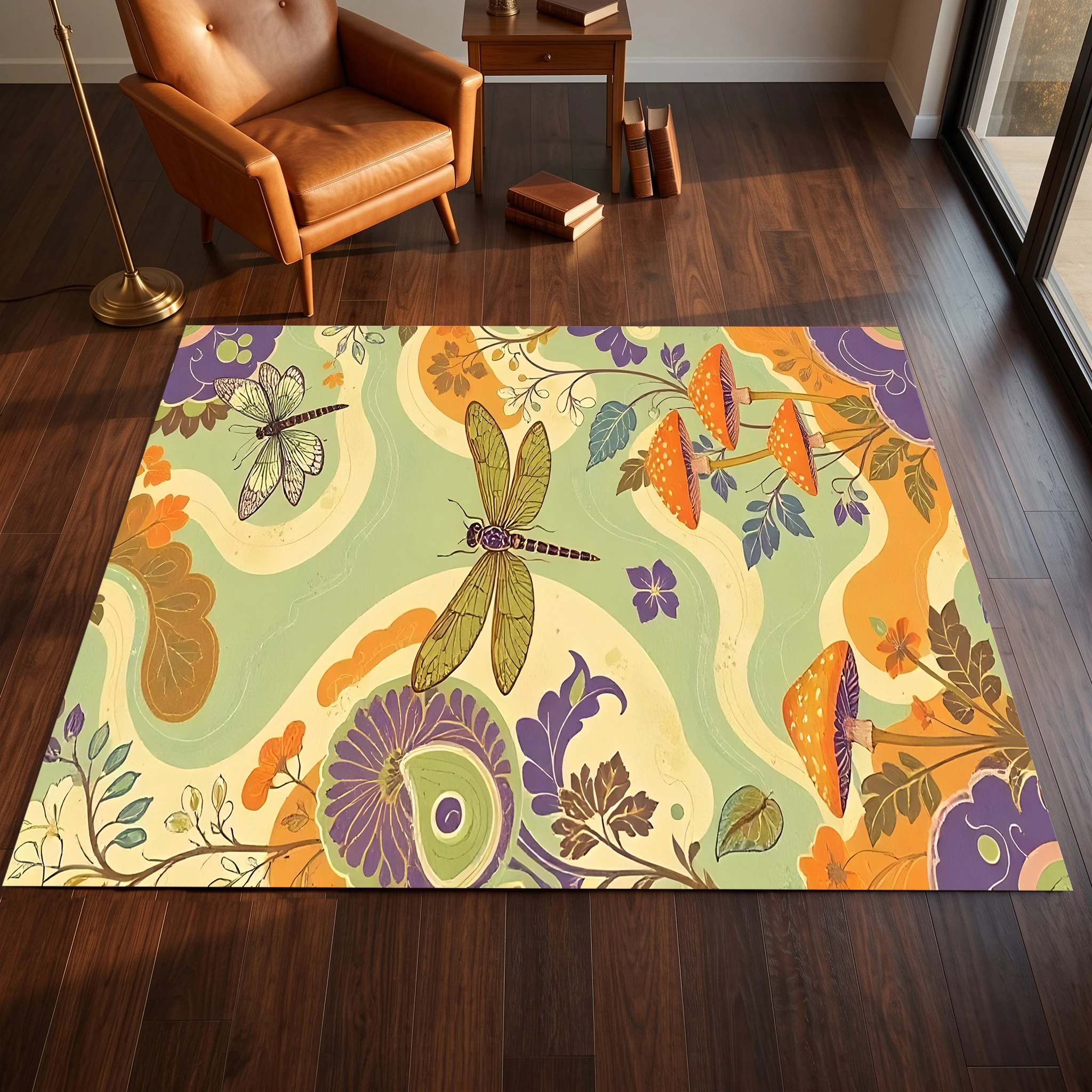 2D Large Carpet Dragonfly Mushroom Floral Forest Retro Style for Living Room Bedroom