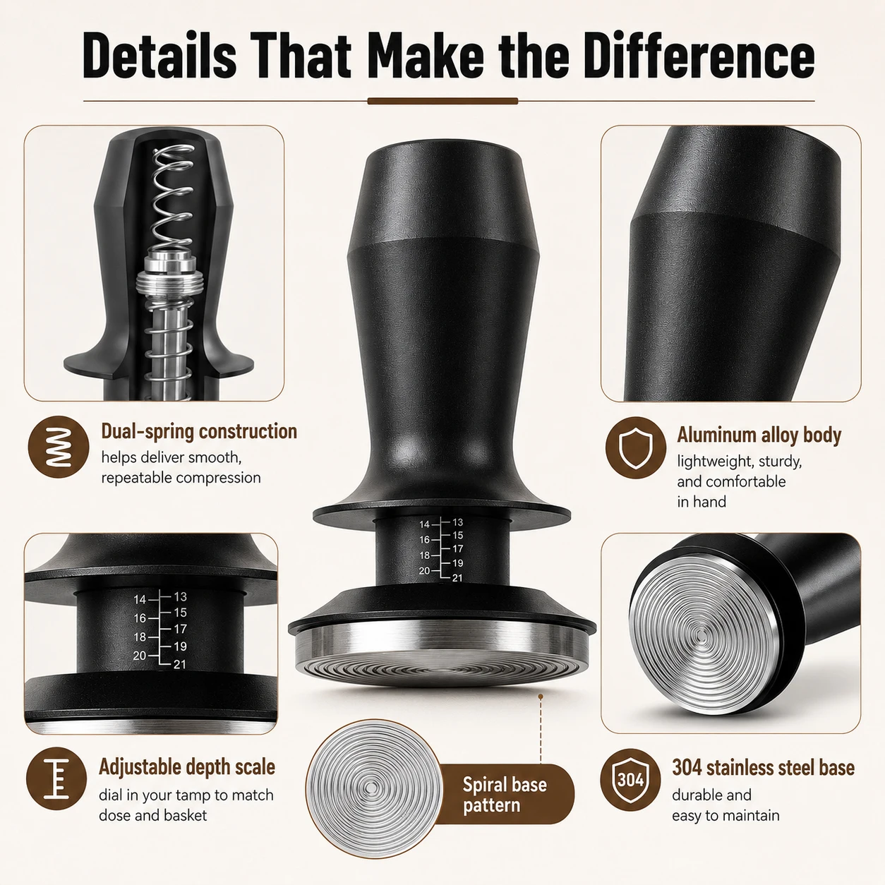 1PCS 51/53/58mm Dual Spring Coffee Tamper,  Adjustable, Aluminum Alloy Handle, 304 Stainless Steel Base,  Coffee Equipment.